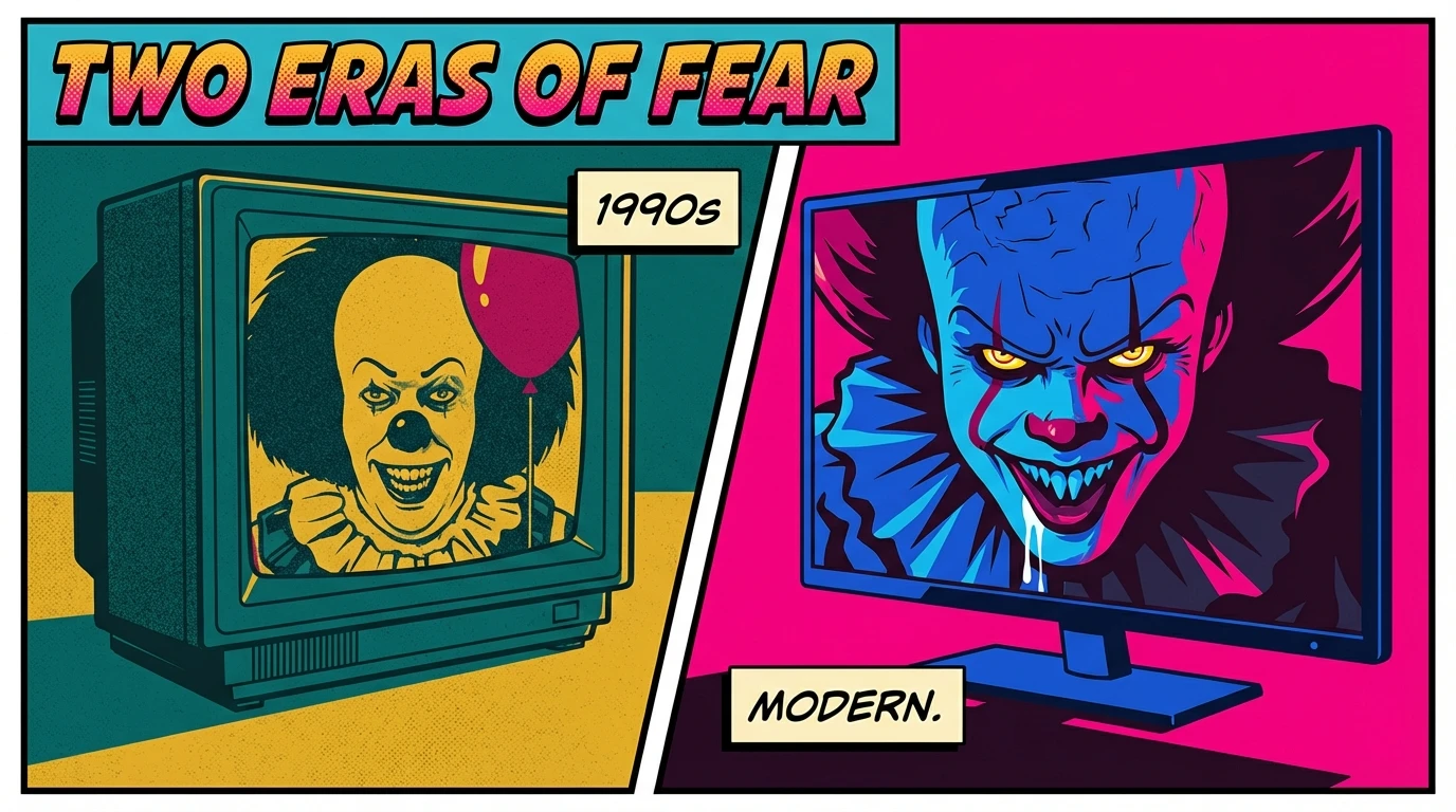 A split image comparing two horror icons in the Bill Skarsgård vs Tim Curry Pennywise debate, showing the classic 1990s version against the monstrous 2017 remake. Filename: bill-skarsgard-vs-tim-curry-pennywise-bestie-ai.webp