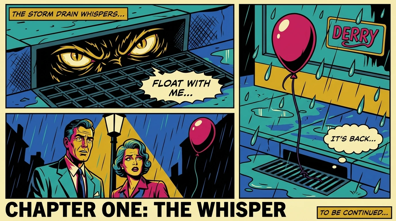 The menacing eyes of Pennywise, portrayed by Bill Skarsgård, glowing from a dark sewer, teasing the new 'Welcome to Derry' prequel series. Filename: bill-skarsgard-welcome-to-derry-prequel-bestie-ai.webp