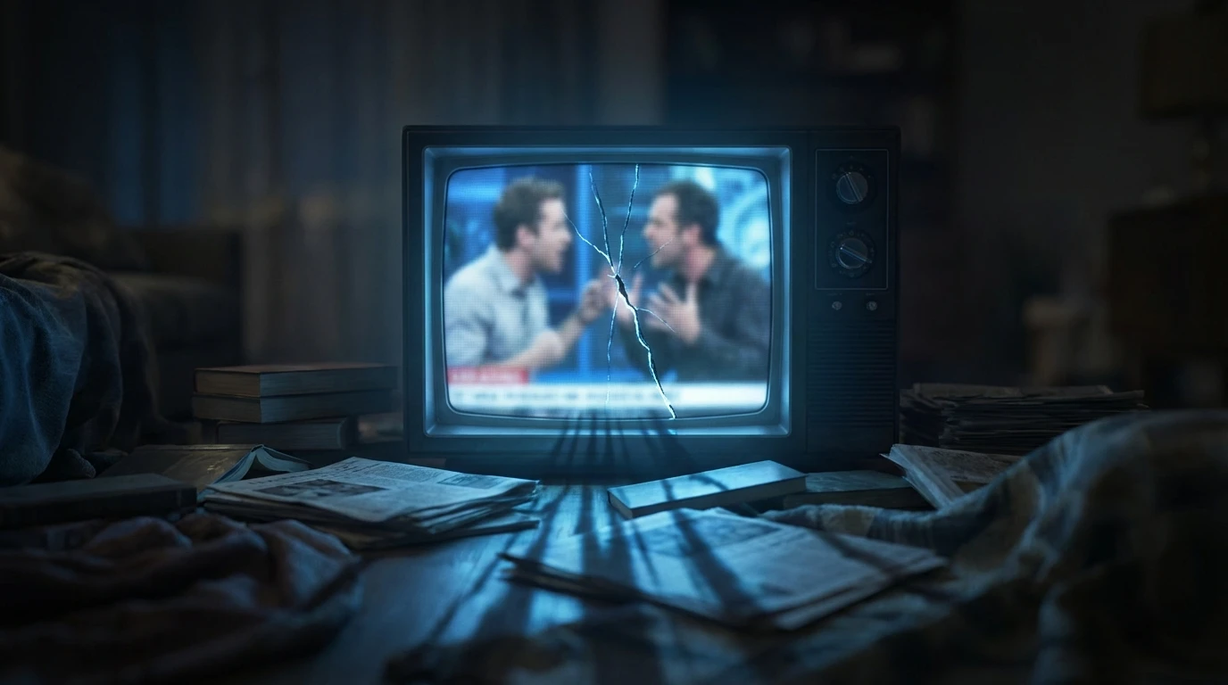 A television screen with a crack in it, symbolizing the psychological impact of the controversial 'Landman' scene with Billy Bob Thornton. filename: billy-bob-thornton-landman-psychology-bestie-ai.webp