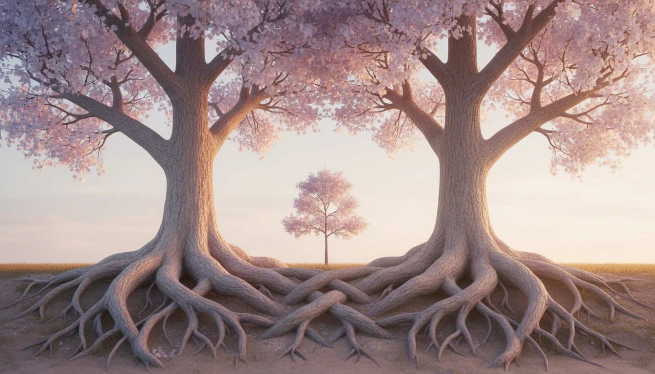 An image symbolizing blended family advice without marriage, showing two strong trees with intertwined roots nurturing a smaller tree, representing stability and love in a non-traditional family. Filename: blended-family-advice-without-marriage-bestie-ai.webp