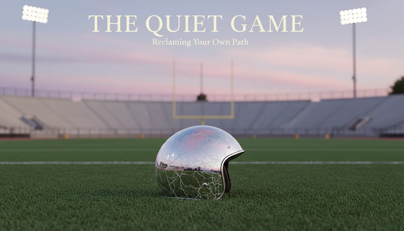 A cracked helmet on a football field symbolizes the alternate history of Bobby Petrino's career after his infamous motorcycle crash, representing a what-if scenario for Arkansas football. filename: bobby-petrino-alternate-history-bestie-ai.webp