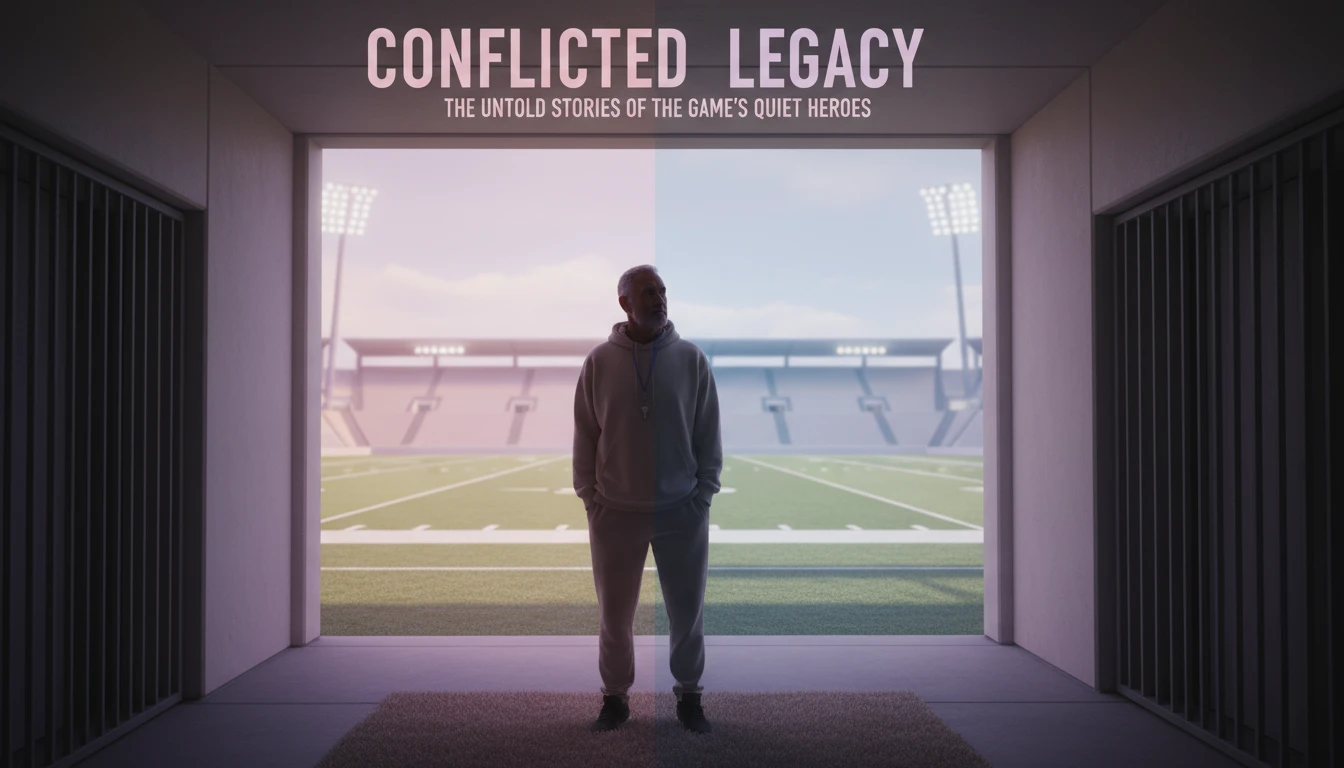 An image symbolizing the conflicted career legacy of Bobby Petrino, showing a coach split between shadow and light in a stadium. bobby-petrino-career-legacy-bestie-ai.webp