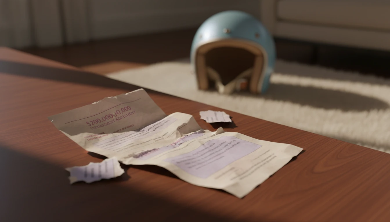 A torn contract on a desk symbolizing the financial fallout from a Bobby Petrino contract buyout, with a motorcycle helmet hinting at the scandal. bobby-petrino-contract-buyout-bestie-ai.webp