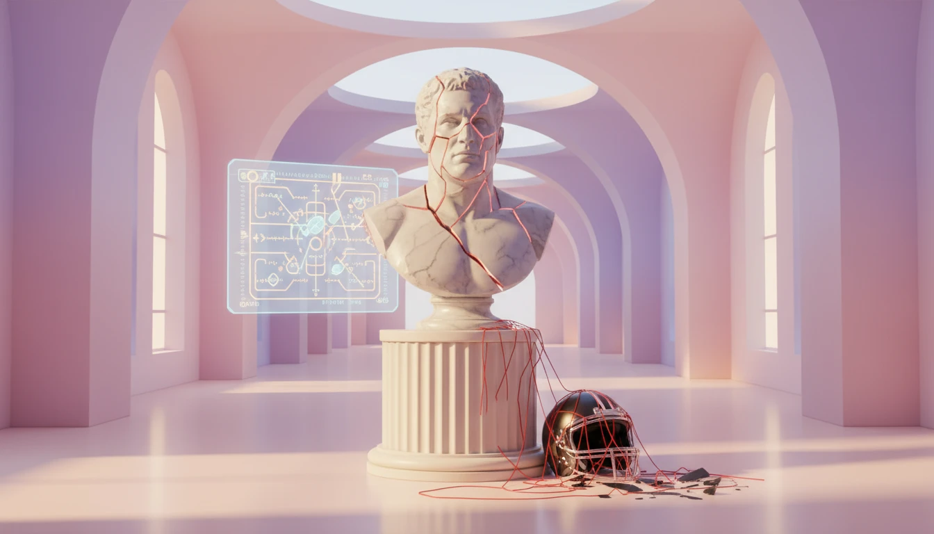 A symbolic image representing the controversial career of Bobby Petrino, showing a fractured statue split between football strategy and personal scandal.