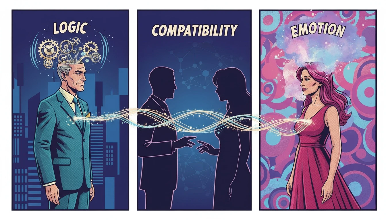 An artistic depiction of how finding the right books on mbti relationship compatibility can bridge the gap between two different personality types, one logical and one emotional. Filename: books-on-mbti-relationship-compatibility-bestie-ai.webp