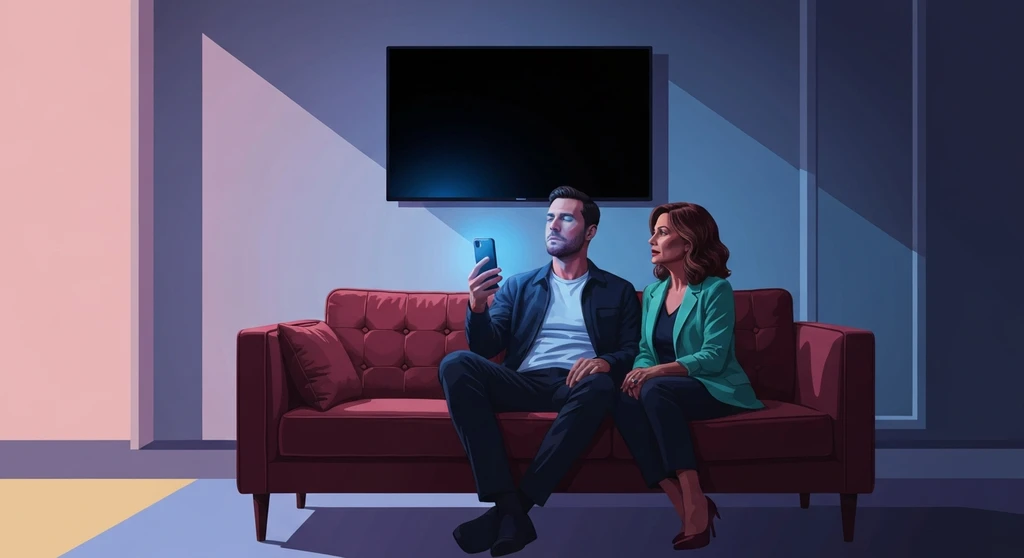 A woman feeling ignored for technology while her boyfriend always on his phone or watching tv in a dark living room, boyfriend-always-on-his-phone-or-watching-tv-bestie-ai.webp