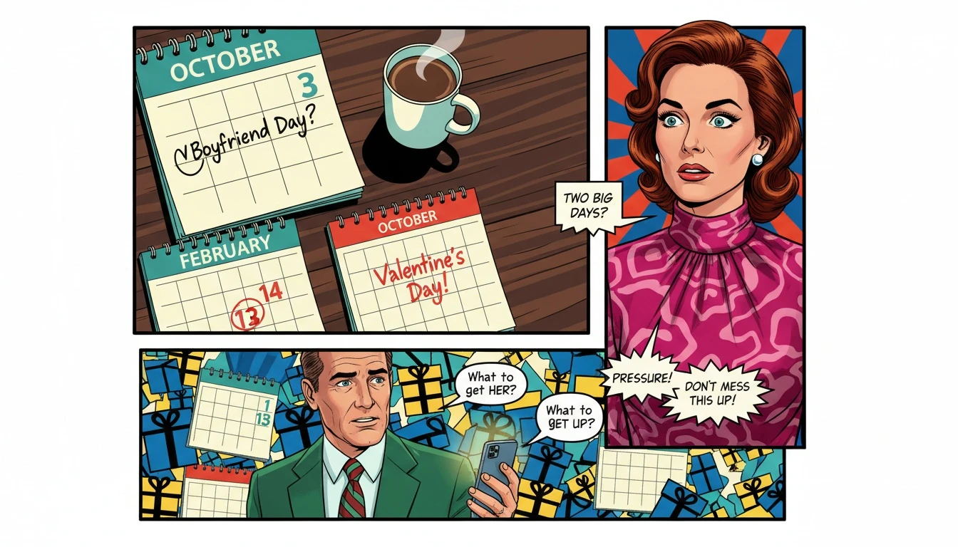 A calendar showing the difference between Boyfriend Day vs Valentines, representing the emotional weight and expectations of modern relationship holidays. Filename: boyfriend-day-vs-valentines-bestie-ai.webp