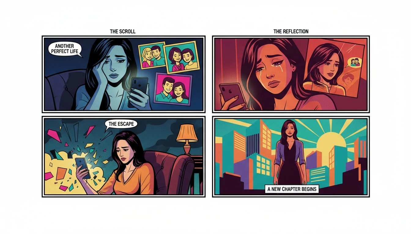 A woman sitting in the dark, looking at her phone, contemplating why her boyfriend doesn't post her on social media, illustrating the article's theme of online relationship validation. Filename: boyfriend-doesnt-post-me-on-social-media-bestie-ai.webp