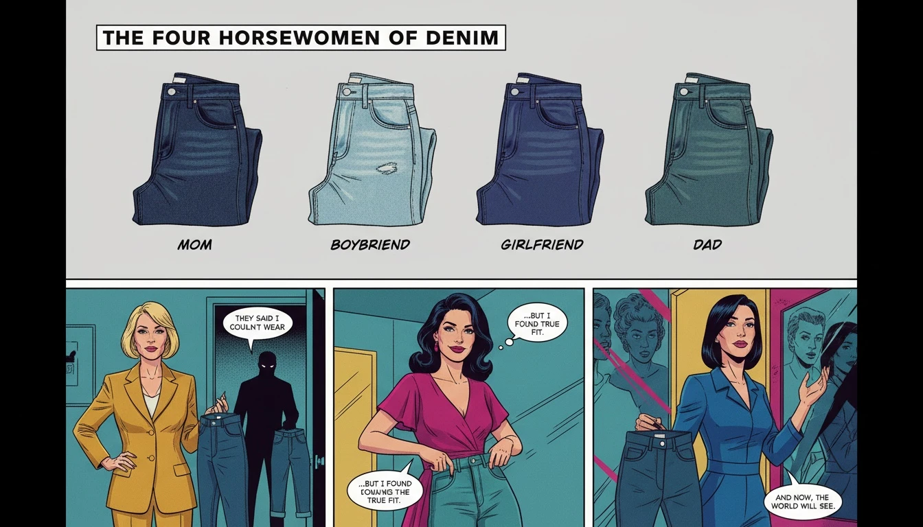 A visual guide showing the clear difference in boyfriend jeans vs mom jeans, girlfriend jeans, and dad jeans, with each pair folded to highlight its unique rise and leg cut. boyfriend-jeans-vs-mom-jeans-bestie-ai.webp