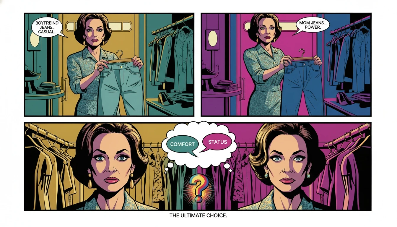 A thoughtful comparison of boyfriend jeans vs mom jeans, symbolizing the psychology of personal style choices and identity. filename: boyfriend-jeans-vs-mom-jeans-psychology-bestie-ai.webp