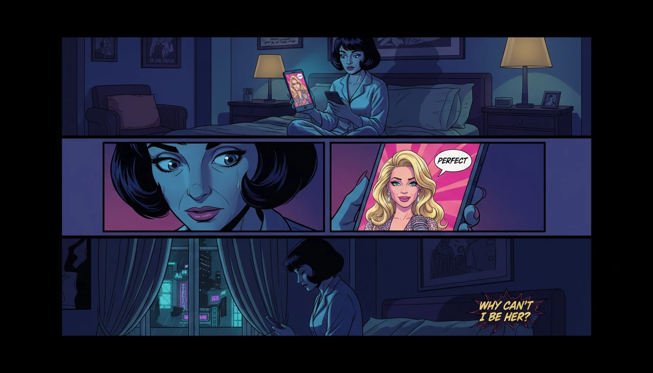 A woman feeling insecure while looking at her phone, illustrating the emotional impact when a boyfriend is obsessed with a celebrity like Sabrina Carpenter. boyfriend-obsessed-with-celebrity-sabrina-carpenter.webp