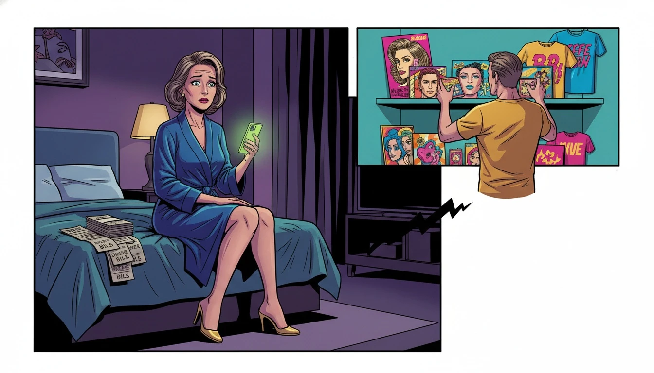 A woman looks at bills with concern while her partner focuses on collectibles, illustrating the financial stress that happens when a boyfriend spends too much money on celebrity merch. File: boyfriend-spends-too-much-money-on-celebrity-merch-bestie-ai.webp