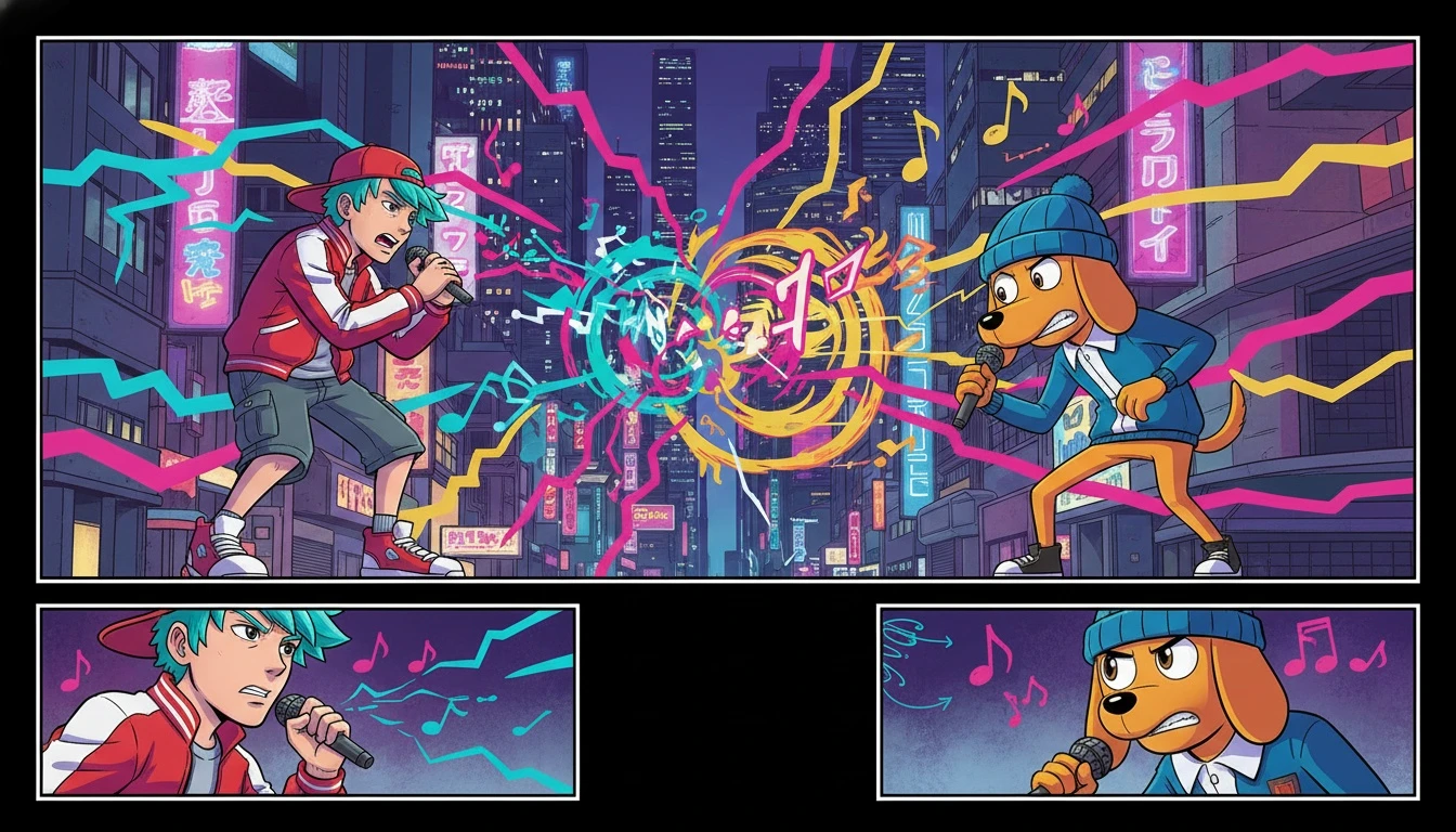 An artistic depiction of the ultimate rhythm game showdown, exploring who would win in a rap battle between Boyfriend FNF and Parappa the Rapper. boyfriend-vs-parappa-rap-battle-bestie-ai.webp