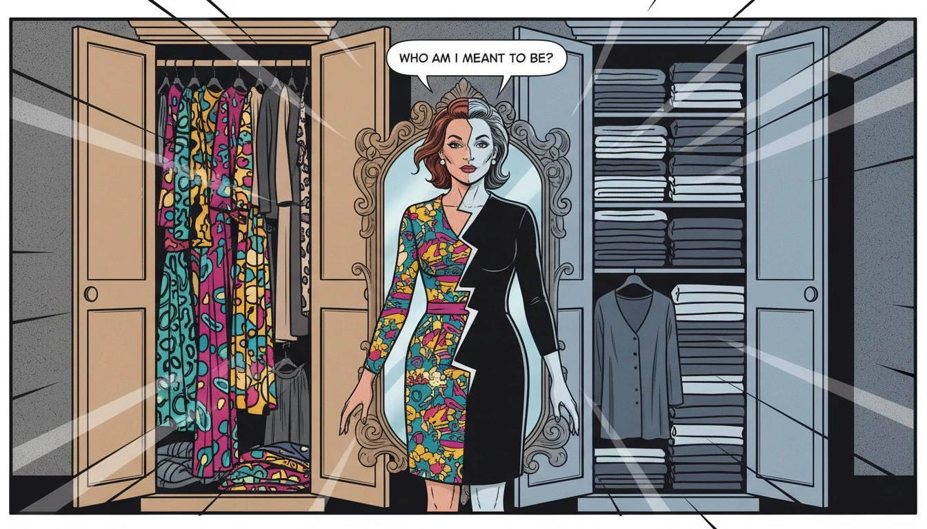 A woman contemplating her identity, symbolized by a split closet reflecting the conflict between her personal style and her boyfriend's religion and my clothing choices. filename: boyfriends-religion-and-my-clothing-choices-bestie-ai.webp