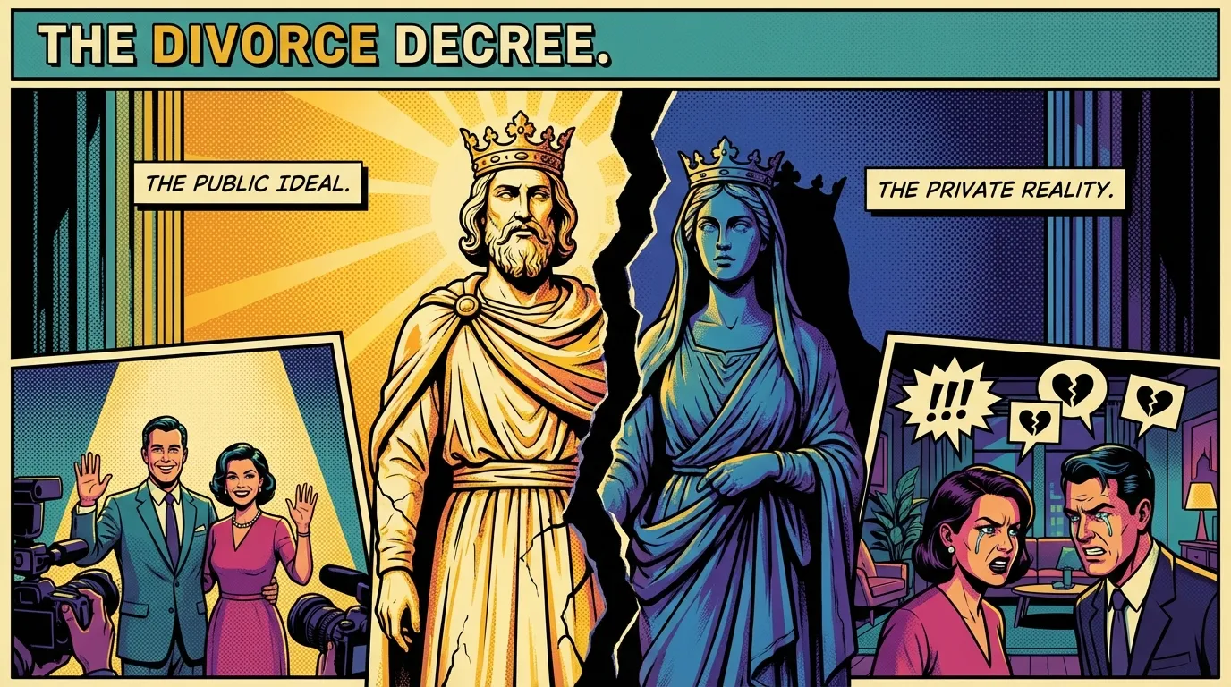 A symbolic image representing the Brad Pitt Angelina Jolie divorce psychology, showing a fractured classical statue of a royal couple, symbolizing a broken ideal and high-conflict separation. Filename: brad-pitt-angelina-jolie-divorce-psychology-bestie-ai.webp