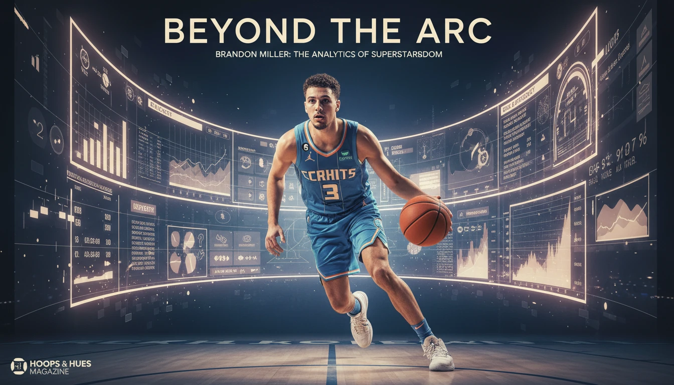 An analytical visualization of Brandon Miller's career stats, showing the player on the court surrounded by glowing data points and charts, representing his NBA impact and records. File: brandon-miller-career-stats-records-bestie-ai.webp