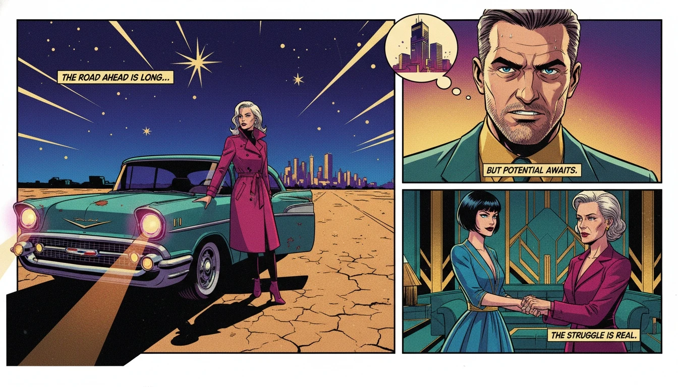 A symbolic image representing the resilient journey of Brandon Sklenar, with a lone car on a desert road pointing towards a city, illustrating overcoming adversity. File: brandon-sklenar-resilience-lessons-bestie-ai.webp