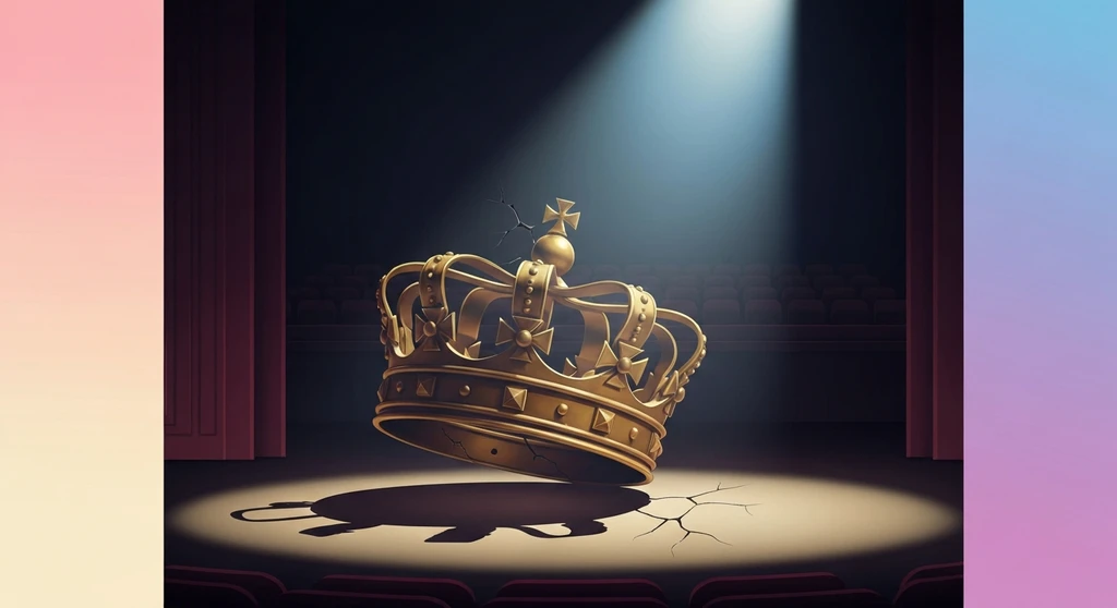 A lone, cracked crown under a spotlight, symbolizing the complex psychology of King George III in Hamilton, a role originated by Brian d'Arcy James. Filename: brian-darcy-james-king-george-psychology-bestie-ai.webp