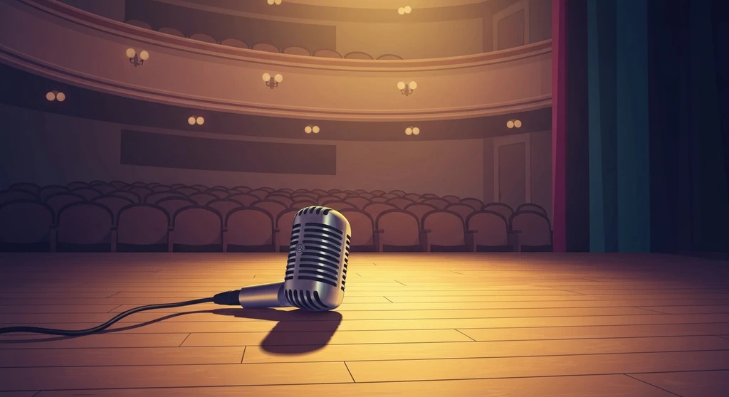 A detailed analysis of the Brian d’Arcy James singing voice, symbolized by a lone microphone on a Broadway stage.webp