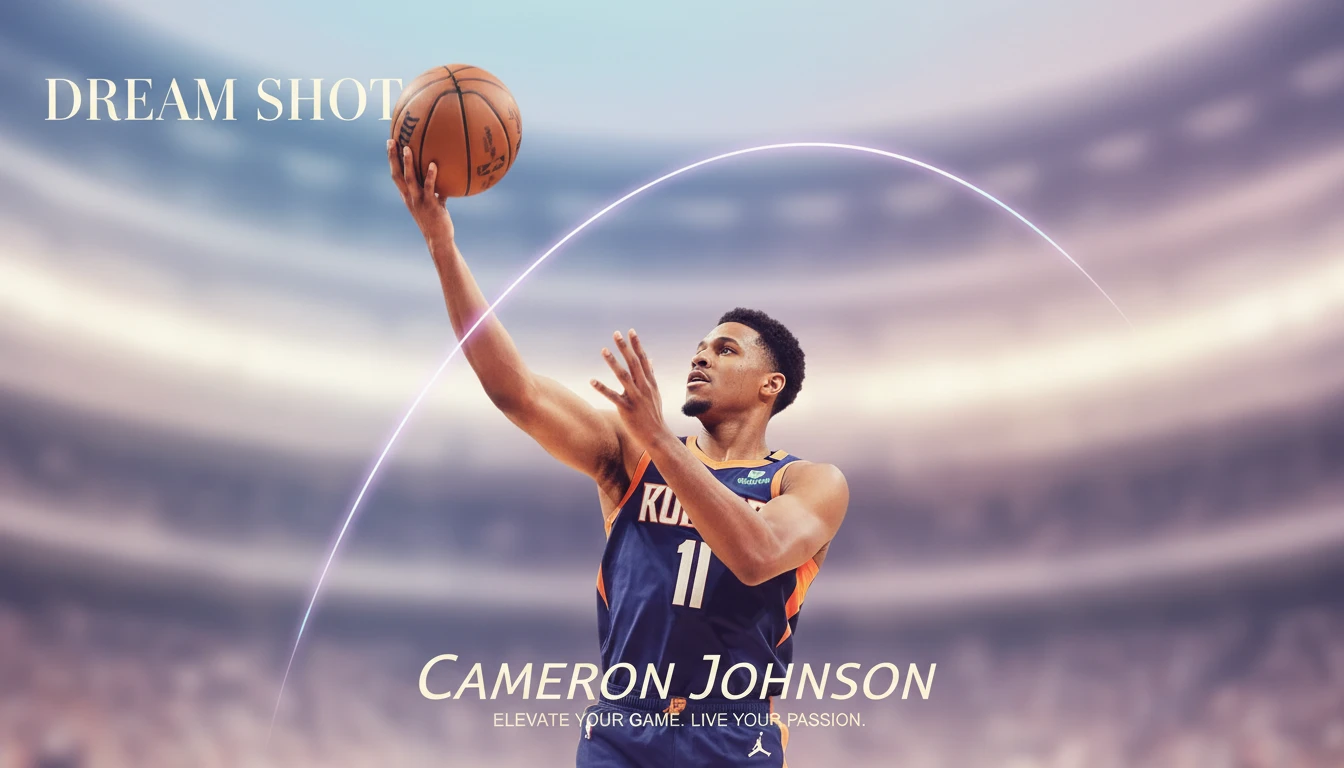 A technical illustration showing the mechanics of the Cameron Johnson 3 point shooting form, highlighting his quick release and the ball's perfect arc towards the basket. Filename: cameron-johnson-3-point-shooting-analysis-bestie-ai.webp