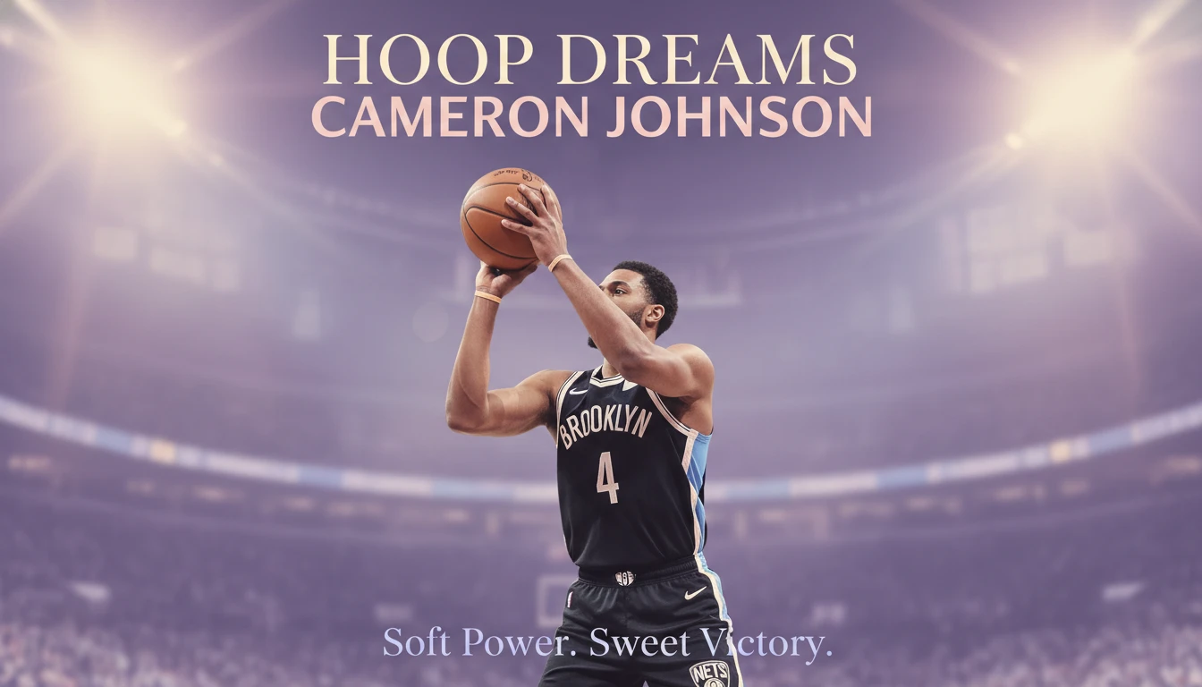 An in-action photo illustrating the player profile of NBA forward Cameron Johnson as he prepares to shoot a basketball for the Brooklyn Nets. Filename: cameron-johnson-nba-player-profile-bestie-ai.webp