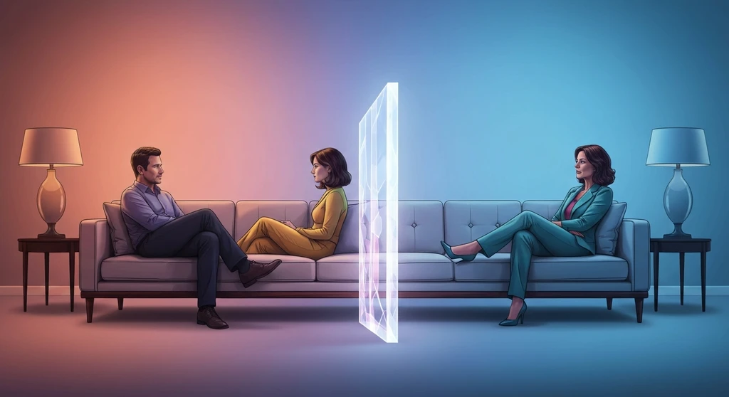 A couple separated by a glowing crystalline wall, illustrating the question: can an emotionally distant partner fall in love. can-an-emotionally-distant-partner-fall-in-love-bestie-ai.webp