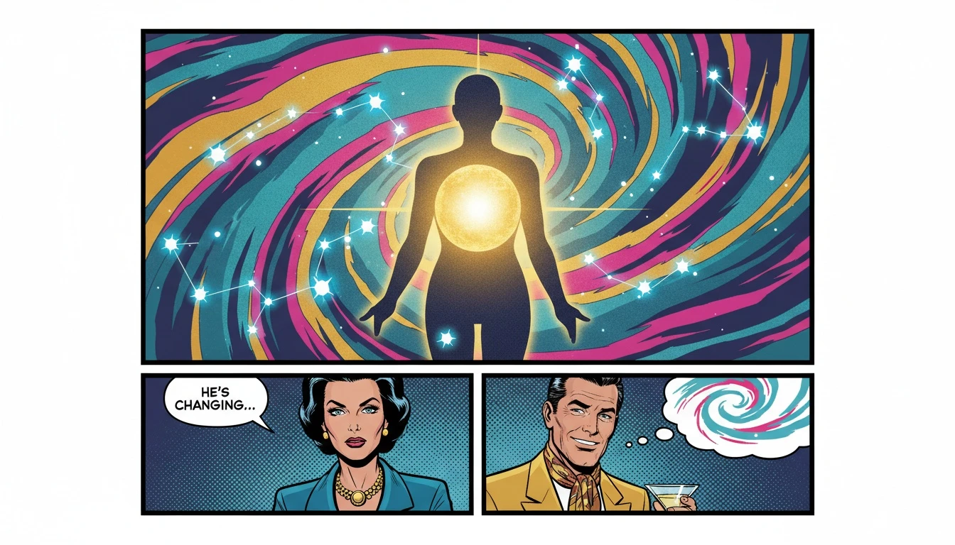 An illustration showing the answer to 'can my mbti type change' through a glowing human figure whose core personality remains stable while new traits develop like constellations, symbolizing personal growth. filename: can-my-mbti-type-change-bestie-ai.webp