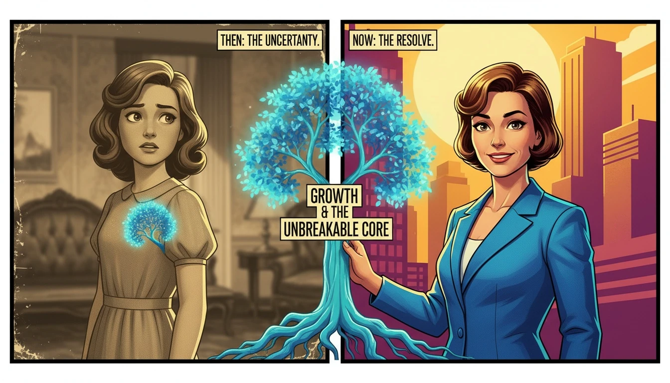 A visual representation of the question 'can your mbti type change', showing a person's evolution from a faded past to a vibrant present, connected by a tree symbolizing core personality growth. Filename: can-your-mbti-type-change-bestie-ai.webp