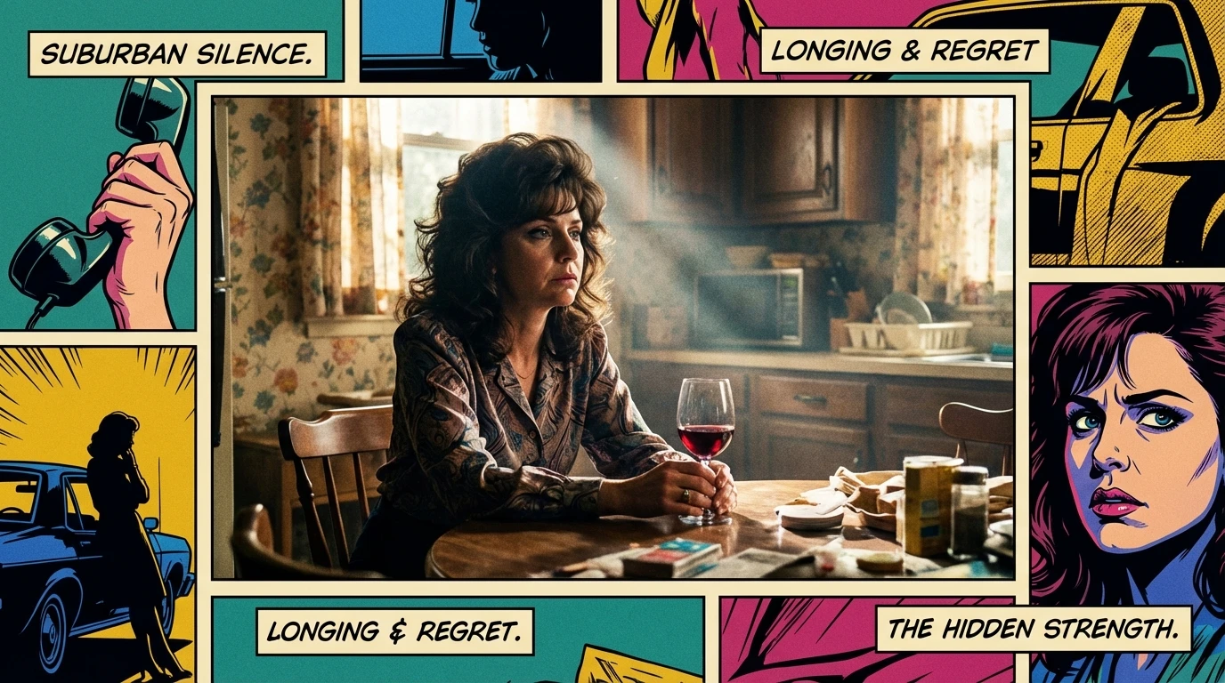 A poignant depiction of the complex psychology of Karen Wheeler, a character played by Cara Buono, showing her deep in thought in her 80s kitchen to symbolize her suburban ennui.