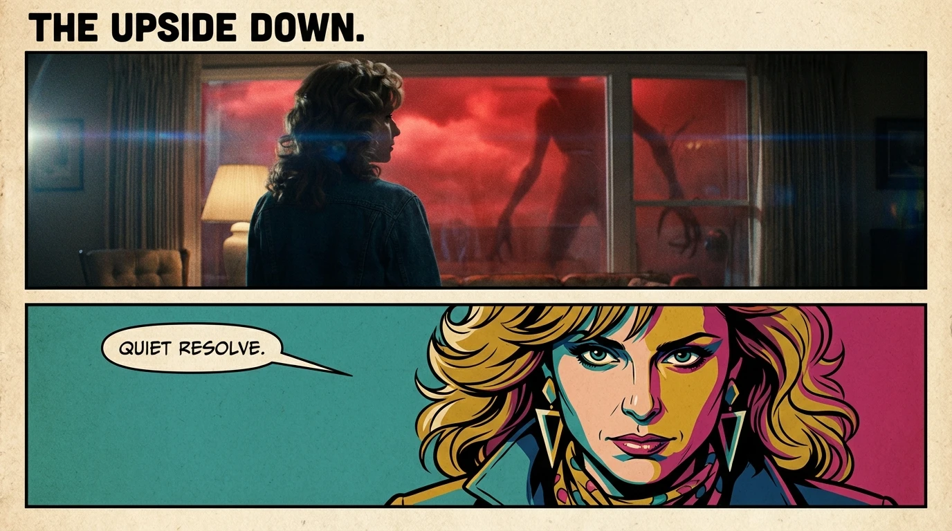 A symbolic image showing the resolve of Cara Buono as Karen Wheeler to protect her family from the dangers of the Upside Down in Stranger Things. cara-buono-karen-wheeler-hero.webp