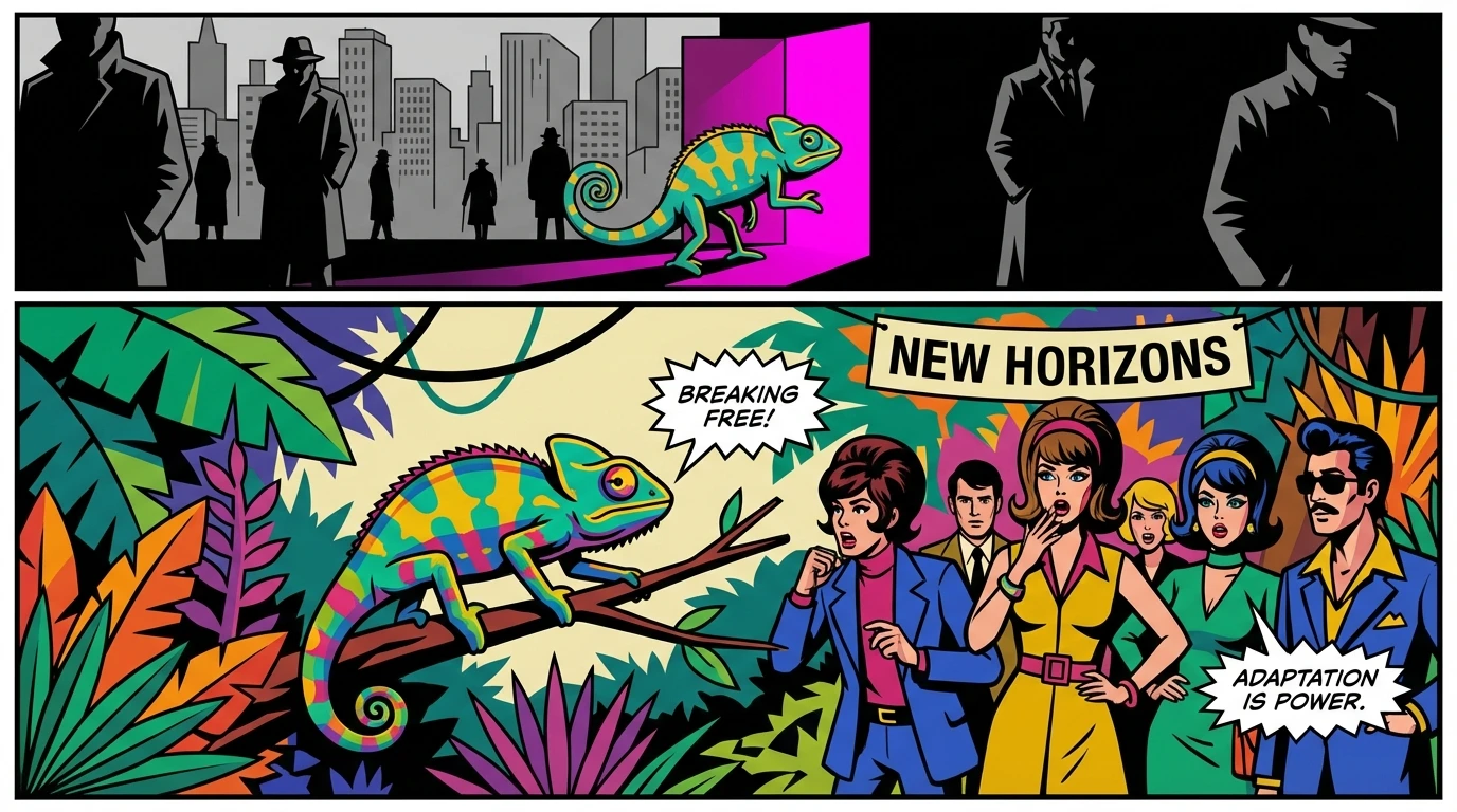 A chameleon changing colors represents career advice for creative professionals on how to reinvent themselves and avoid being typecast. Filename: career-advice-for-creative-professionals-bestie-ai.webp