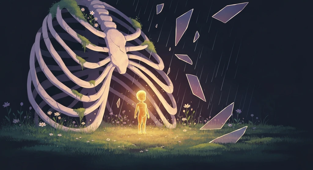 A symbolic visual representing the causes of rejection sensitive dysphoria as a protected inner child surviving a storm of sharp geometric critiques-causes-of-rejection-sensitive-dysphoria-bestie-ai.webp