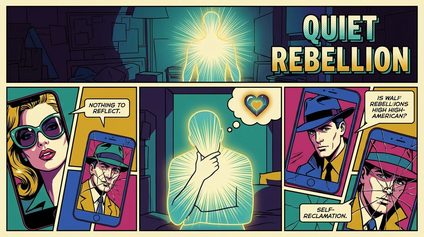 A symbolic representation of overcoming celebrity comparison and self-esteem issues, where a person finds their inner light amidst broken phone screens showing celebrity images. Filename: celebrity-comparison-and-self-esteem-bestie-ai.webp