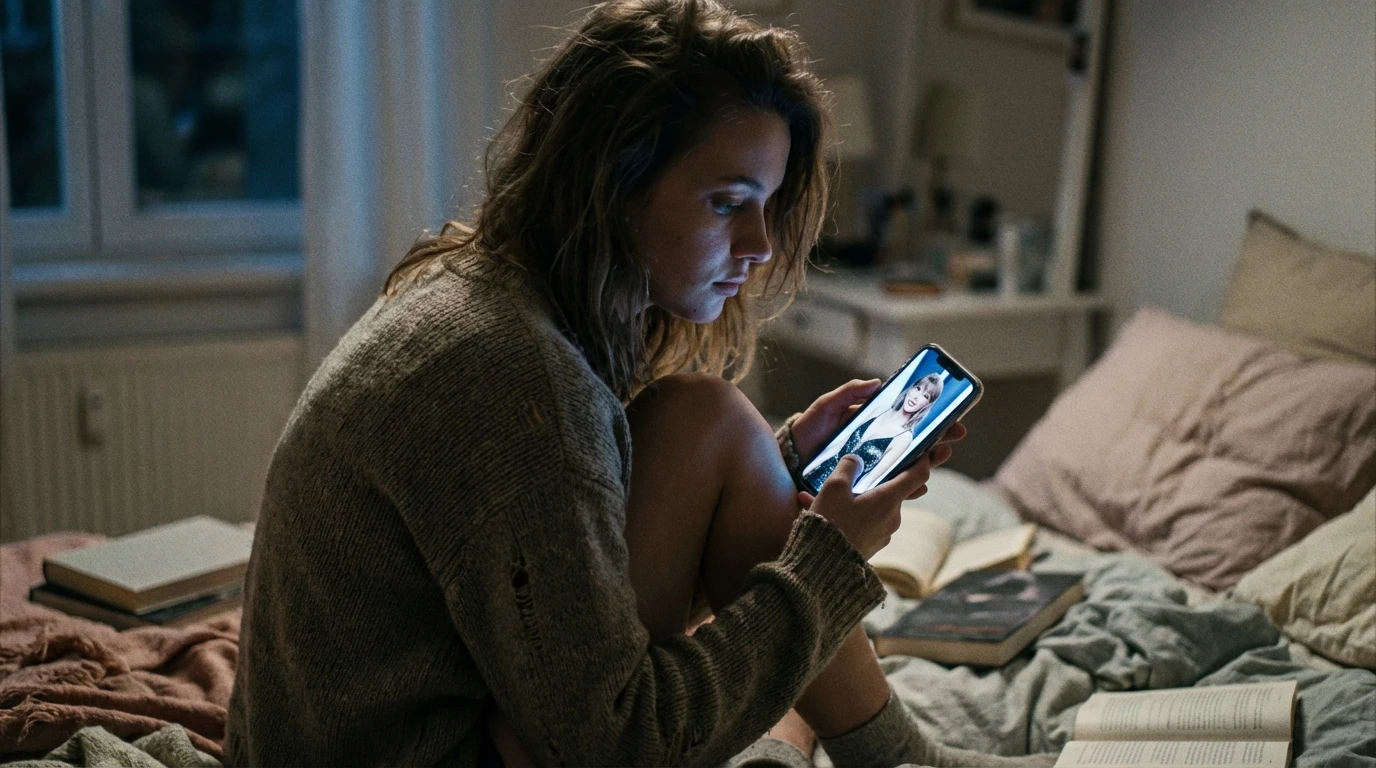 A woman looking at a celebrity on her phone, illustrating the emotional impact of celebrity comparison and self-esteem on personal well-being. The image file is named celebrity-comparison-and-self-esteem-trap-bestie-ai.webp.