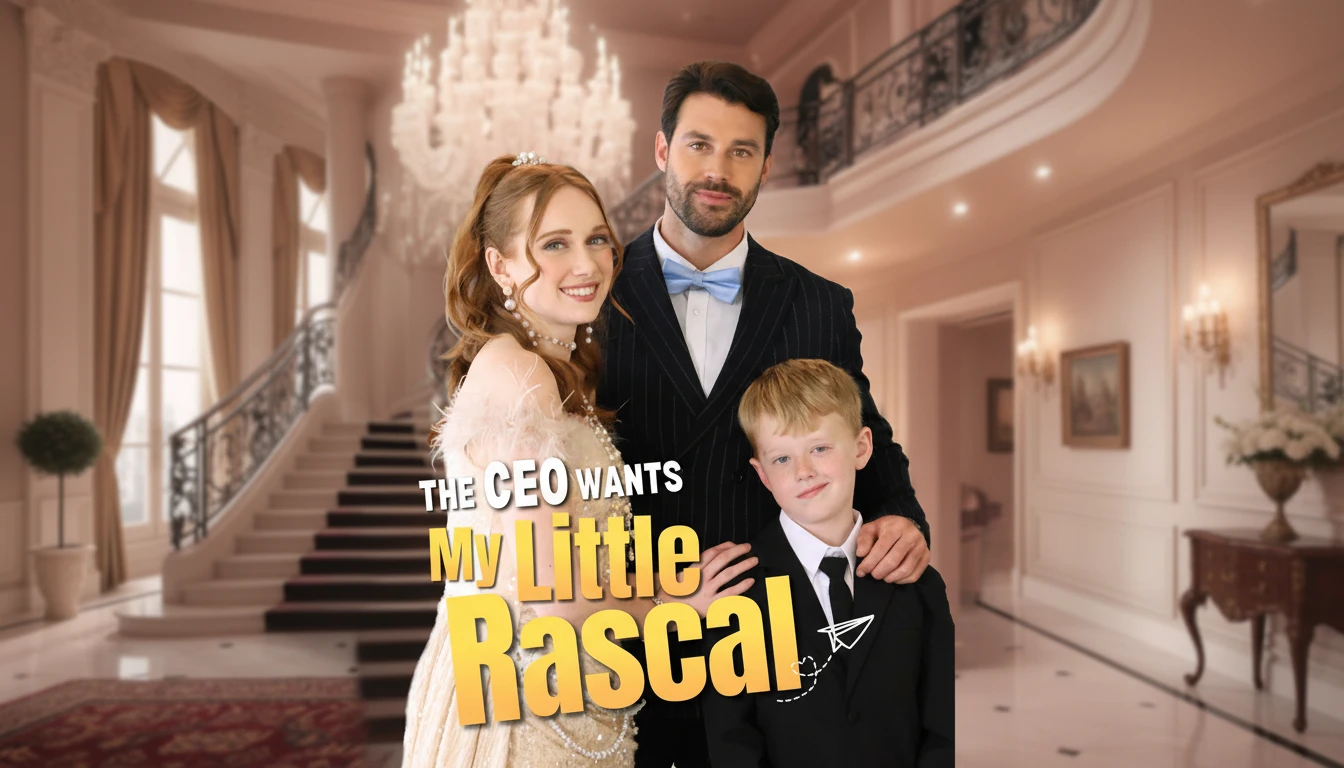 A dramatic promotional image from Ceo Wants My Little Rascal featuring Cecilia, Ethan, and their son Teddy, highlighting their complex family dynamic and the CEO romance.