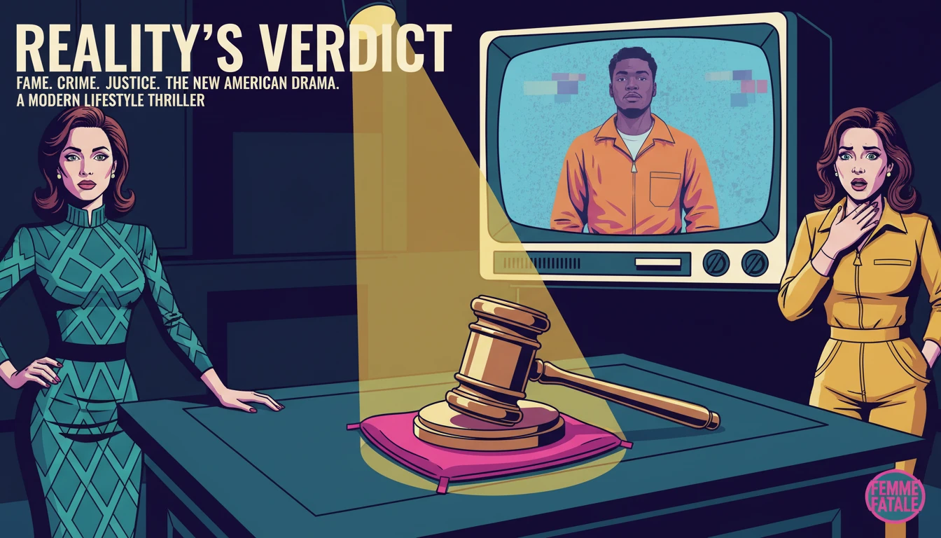 A moody courtroom scene depicting the high profile criminal case process of Chad Ollinger, featuring a gavel and a television screen.