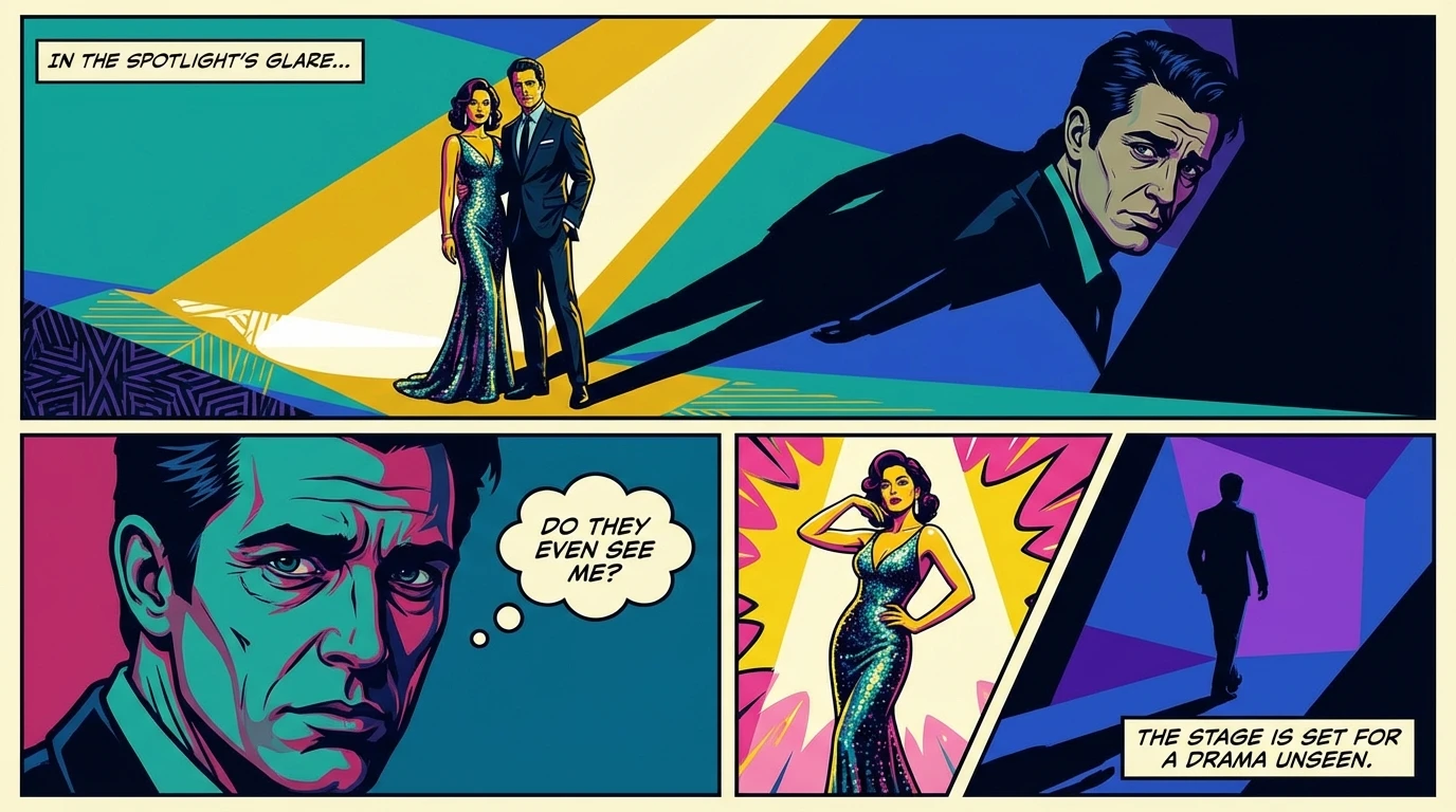 A symbolic image depicting the challenges of dating a celebrity, where one partner stands in a bright spotlight while the other is cast in a deep shadow, representing the struggle with identity and privacy. challenges-of-dating-a-celebrity-bestie-ai.webp