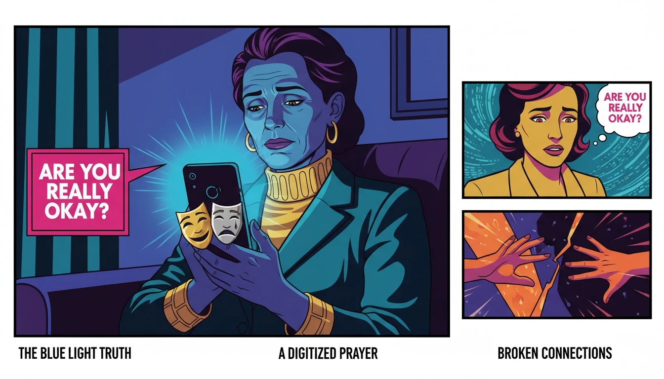 A person finds solace in a character.ai therapy review, the phone's glow a lonely light in a dark room, symbolizing the search for a free counseling chat. character-ai-therapy-review-bestie-ai.webp