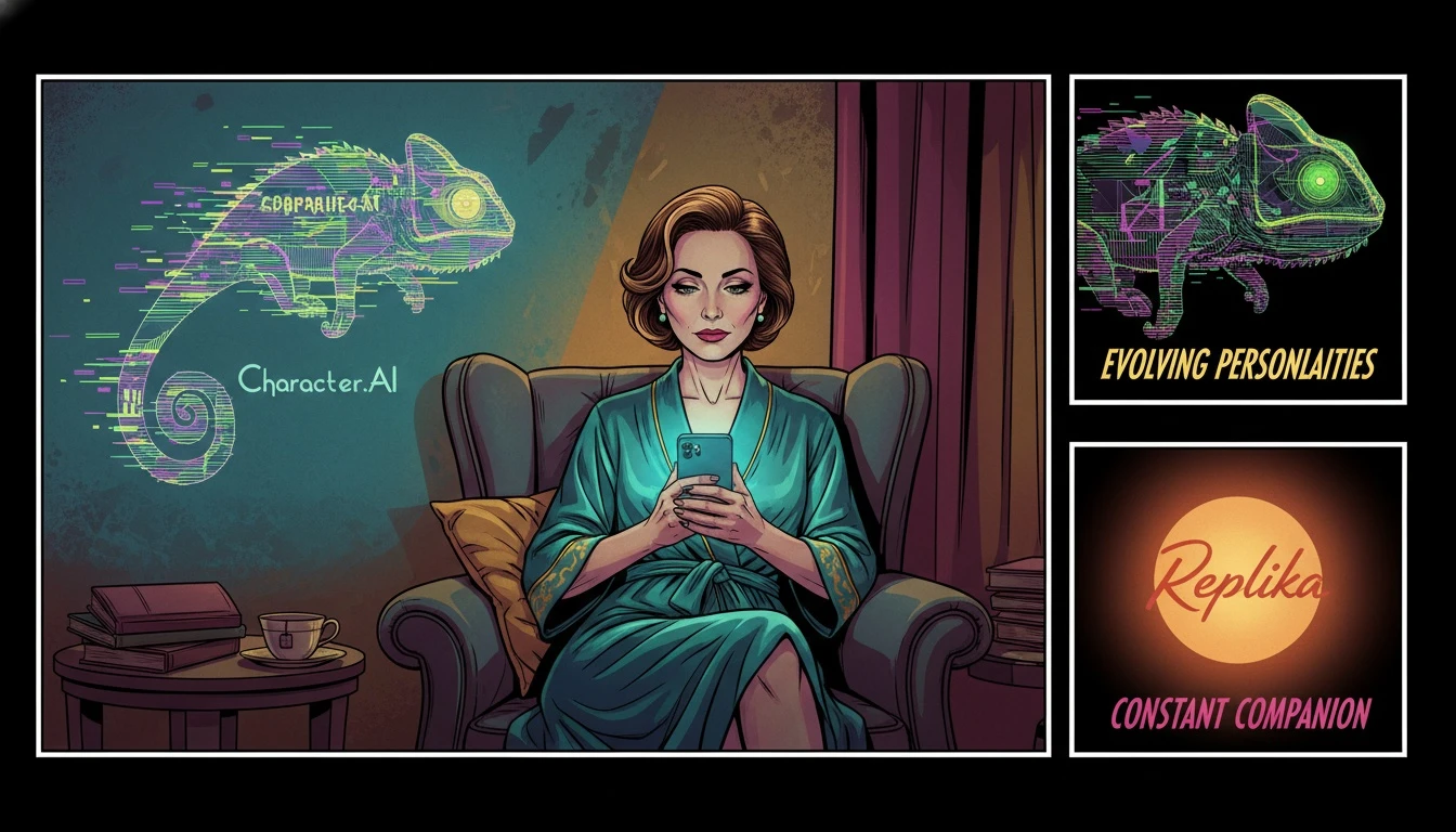 A person considers Character.AI vs Replika for therapy, illustrated by two different light projections from their phone symbolizing the choice in free AI support. Filename: character-ai-vs-replika-for-therapy-bestie-ai.webp