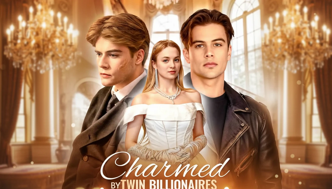 A dramatic scene from 'Charmed By Twin Billionaires' featuring a glamorous woman looking conflicted between two men, highlighting the romantic tension and deceptive plot.
