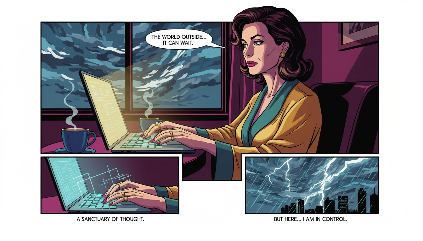 A person finds a calm sanctuary with chat therapy for social anxiety, typing on a laptop in a cozy room while a storm rages outside. filename: chat-therapy-for-social-anxiety-bestie-ai.webp