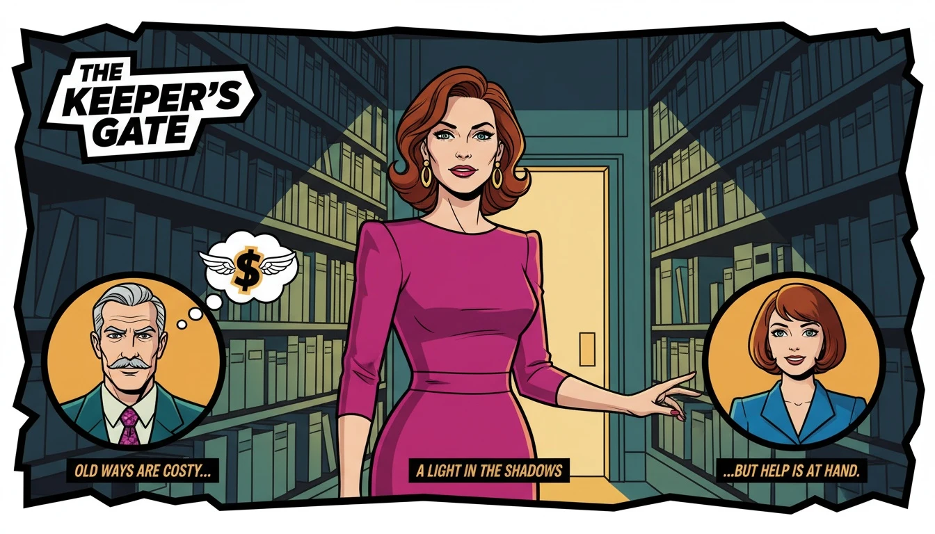 A glowing, accessible doorway representing options for chat therapy free of charge, appearing in a library of intimidating, expensive books symbolizing traditional therapy barriers. File: chat-therapy-free-options-bestie-ai.webp