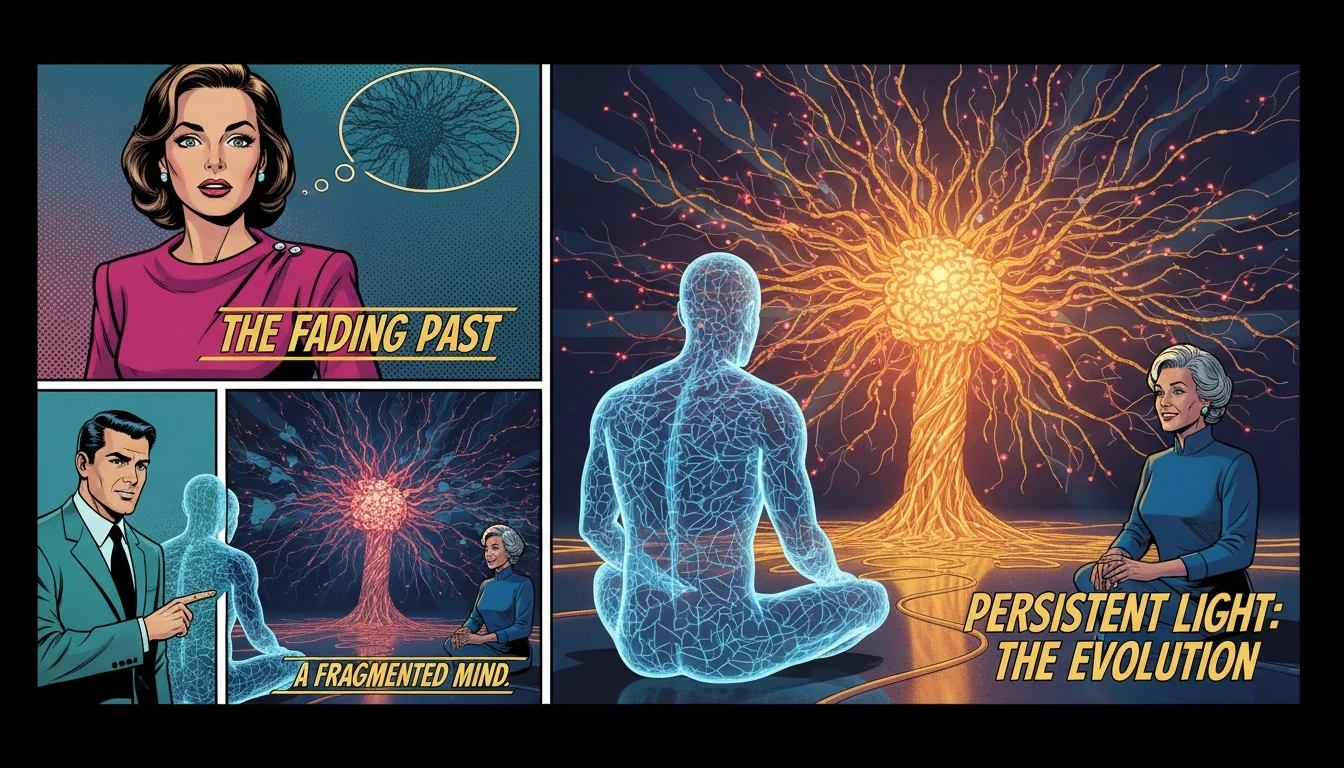 A conceptual image illustrating the benefits of using a specialized ai therapist online, showing a coherent network of light for long-term memory versus broken pathways that represent chatgpt for therapy limitations. Filename: ai-therapist-online-memory-bestie-ai.webp