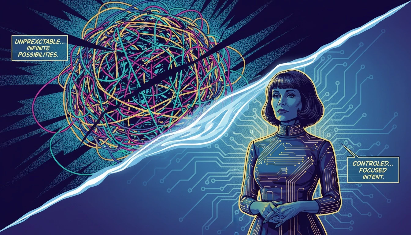 A conceptual image comparing a tangled general AI to a structured human silhouette, illustrating the differences in specialized ai therapy. Filename: chatgpt-vs-specialized-ai-therapy-bestie-ai.webp