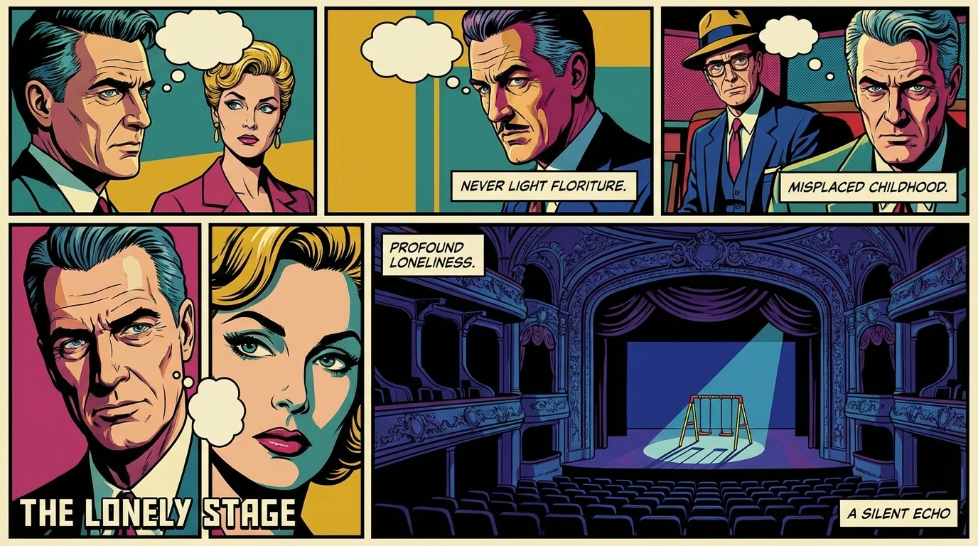 A lonely swing set on a grand theater stage, a powerful visual metaphor for the experience of child star arrested development. filename: child-star-arrested-development-bestie-ai.webp