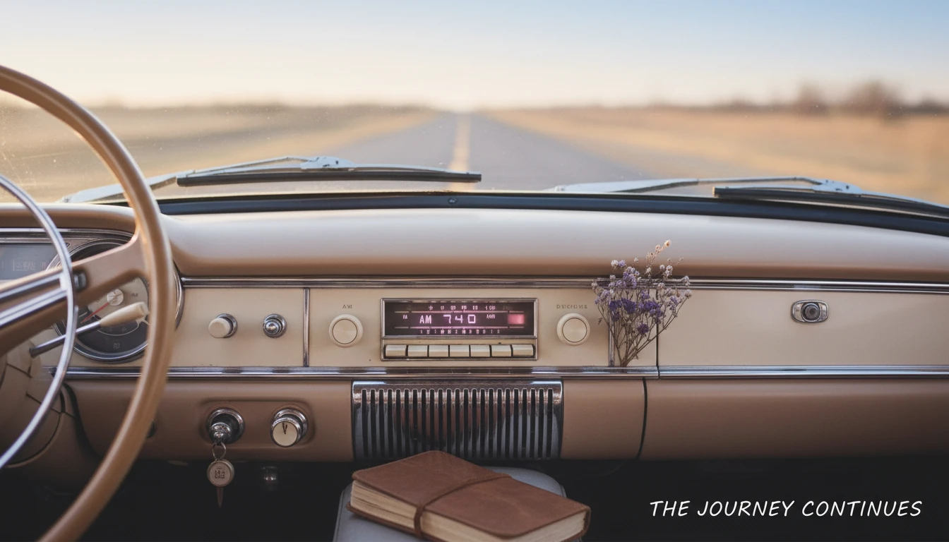 A vintage car radio illuminates the dashboard, symbolizing the enduring legacy and ongoing journey of musician Chris Rea amidst false death rumors. chris-rea-death-hoax-facts-bestie-ai.webp