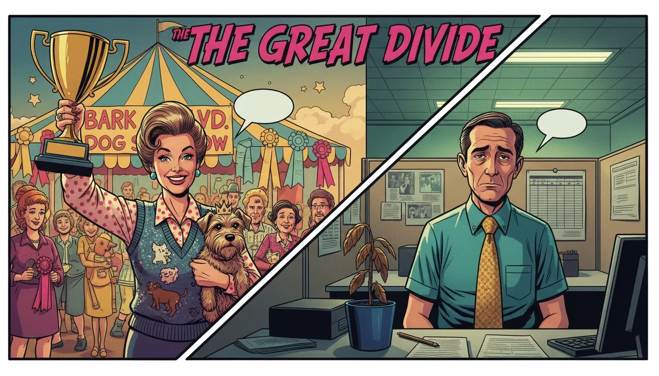 A split-image comparing the heartfelt, quirky world of mockumentaries with the cringe comedy of office life, illustrating the Christopher Guest vs The Office debate. Filename: christopher-guest-vs-the-office-bestie-ai.webp