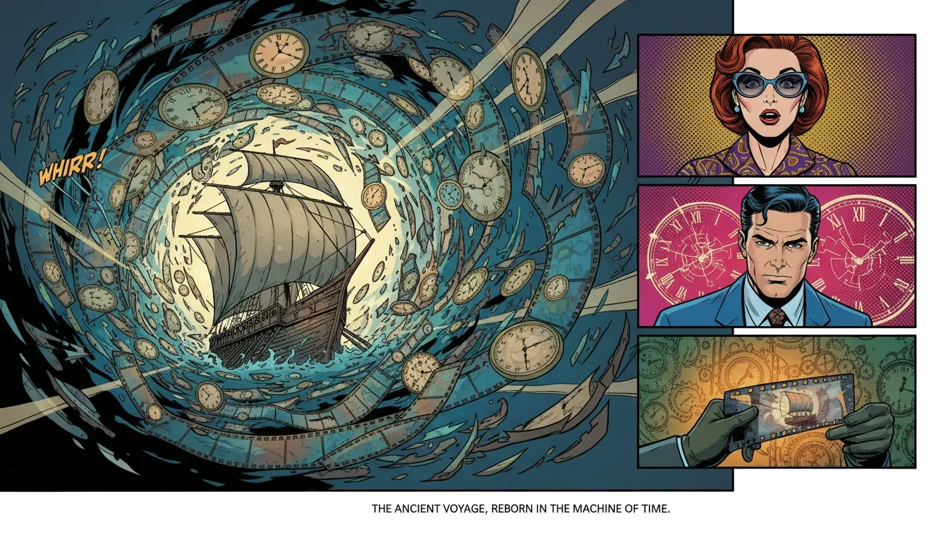 A symbolic image representing the christopher nolan next movie after oppenheimer, showing a Greek ship from 'The Odyssey' sailing through a vortex of time and film, hinting at the director's complex narrative style. File: christopher-nolan-next-movie-after-oppenheimer-bestie-ai.webp