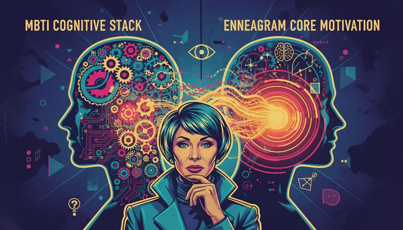 An illustration of the cognitive functions and enneagram correlation, showing a head with glowing gears (MBTI) connected to a heart with a warm light (Enneagram), symbolizing a unified self. filename: cognitive-functions-and-enneagram-correlation-bestie-ai.webp