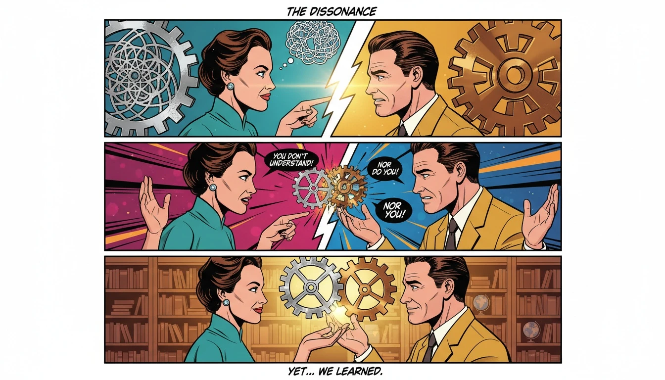 Two different mechanical gears connecting, illustrating how understanding cognitive functions in relationships helps bridge communication gaps. Filename: cognitive-functions-in-relationships-bestie-ai.webp